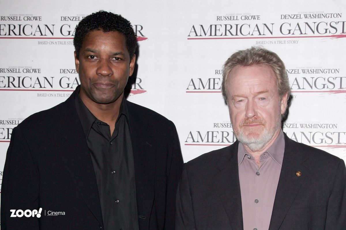 Denzel Washington e Ridley Scott em evento para promover o filme American Gangster. 