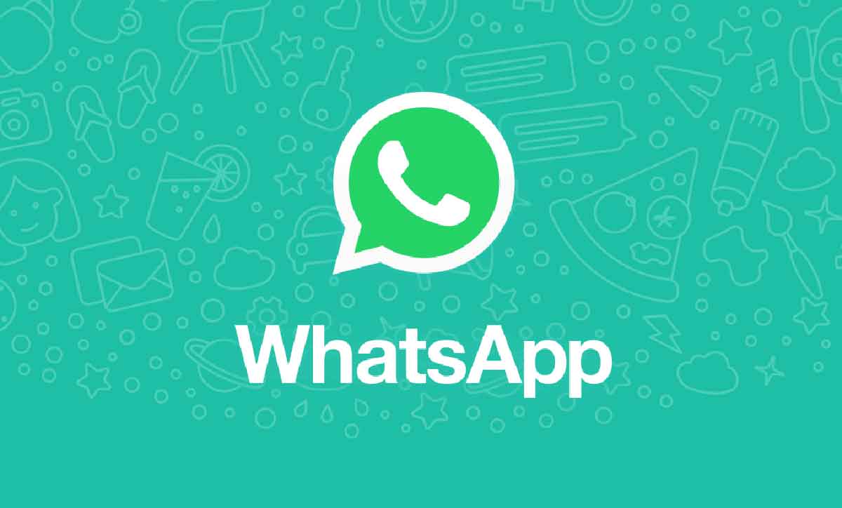 Marca do WhatsApp sobre fundo verde decorado com pequenos icones.