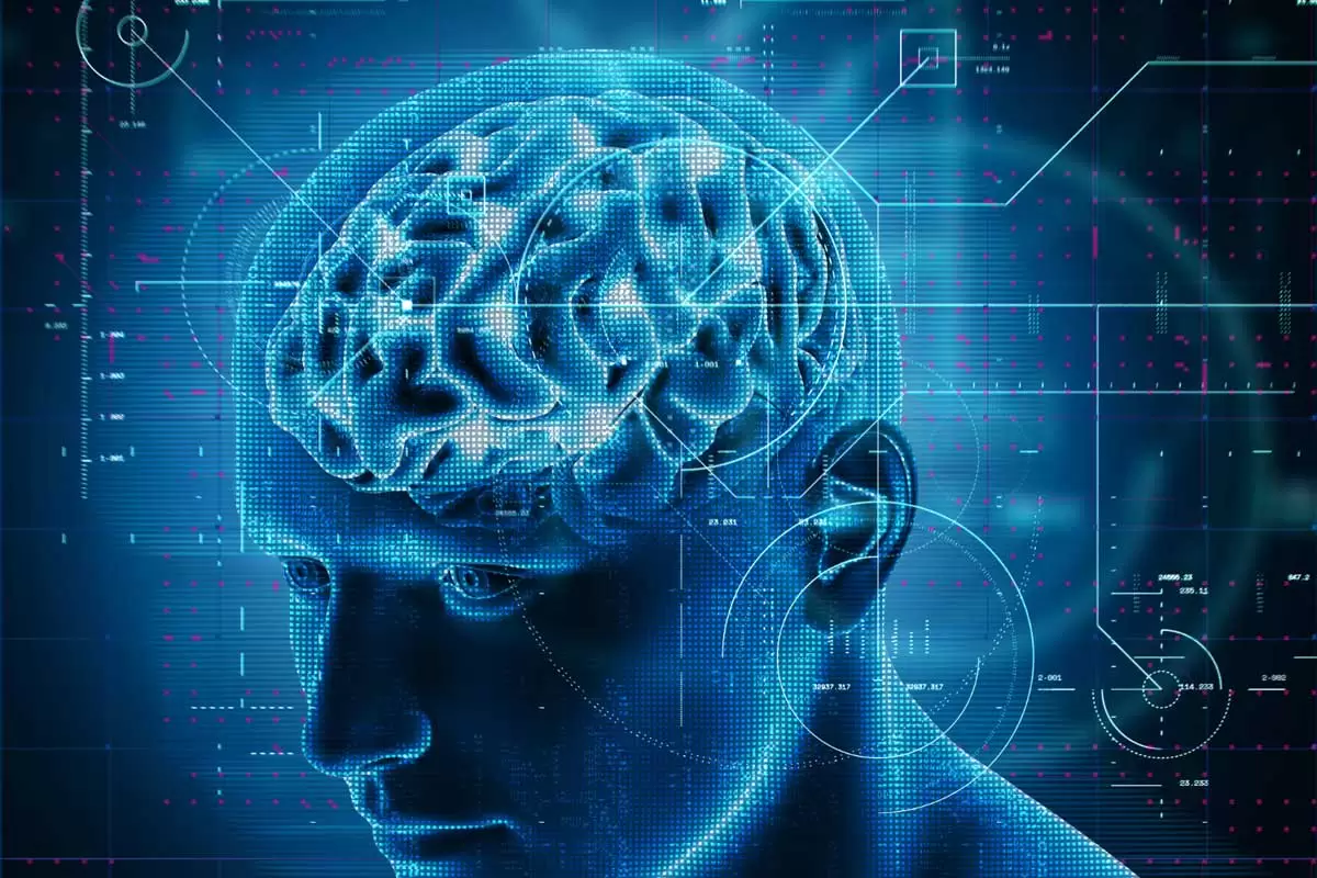 Design de tecnologia médica 3D sobre figura masculina com o cérebro em destaque