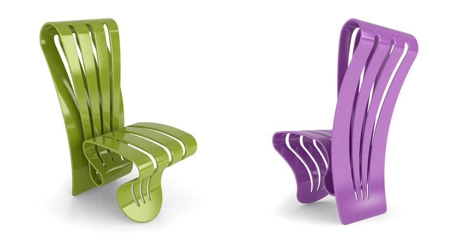 Três conjuntos de mesa e cadeira da coleção Leaf Colection com materiais contemporâneos, como Corian.