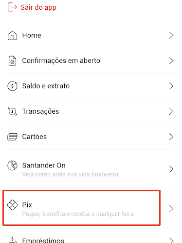 No banco Santander, o ícone Pix pode ser encontrado logo ao acessar o menu lateral do app.