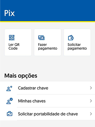 No Banco do Brasil tem uma seção exclusiva para o Pix, com campos para pagamentos. 