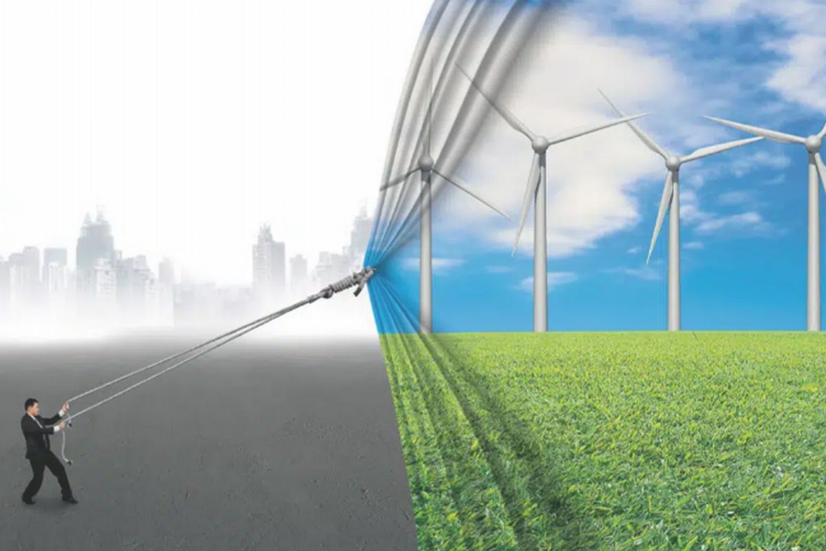 Um homem puxa uma cortina com um campo verde tendo turbinas eolicas ao fundo sobre uma cidade poluida. ILustra nosso artigo sobre Negócios lucrativos.