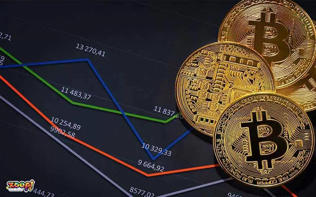 Ilustração mostrando gráficos de linhas sobre previsão de preço das criptomoedas.   