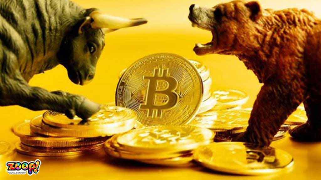 Um urso e um touro se encarando sobre moedas de Biticoin