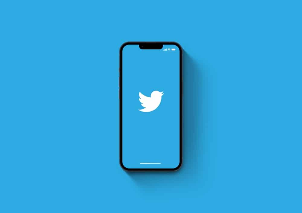 Um celular, sobre fundo azul, mostrando a tela do Twitter. Ilustra nosso artigo sobre: Tweets na busca do Google? E em tempo real?