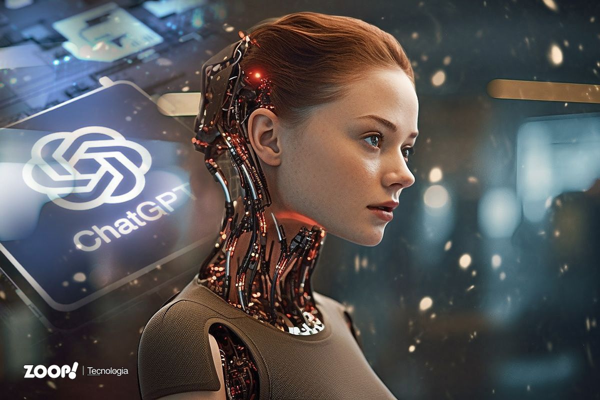 Um android com aparência feminina tendo a imagem de um chip com a marca do ChatGpt ao fundo ilustra nosso artigo sobre: Como usar e acessar o GPT-4 gratuitamente.