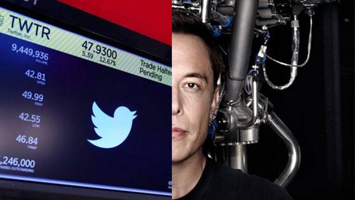 O rosto de Elon Musk ao lado da marca do Twitter mostrada num monitor da NYSE ilustra nosso artigo sobre: O verdadeiro motivo que fez Elon Musk comprar o Twitter.