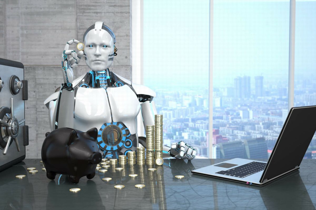 Robô humanóide sentado à mesa de um escritório contando dinheiro ilustra nosso artigo sobre: Como usar a IA para criar um negócio com menos de 500 reais.
