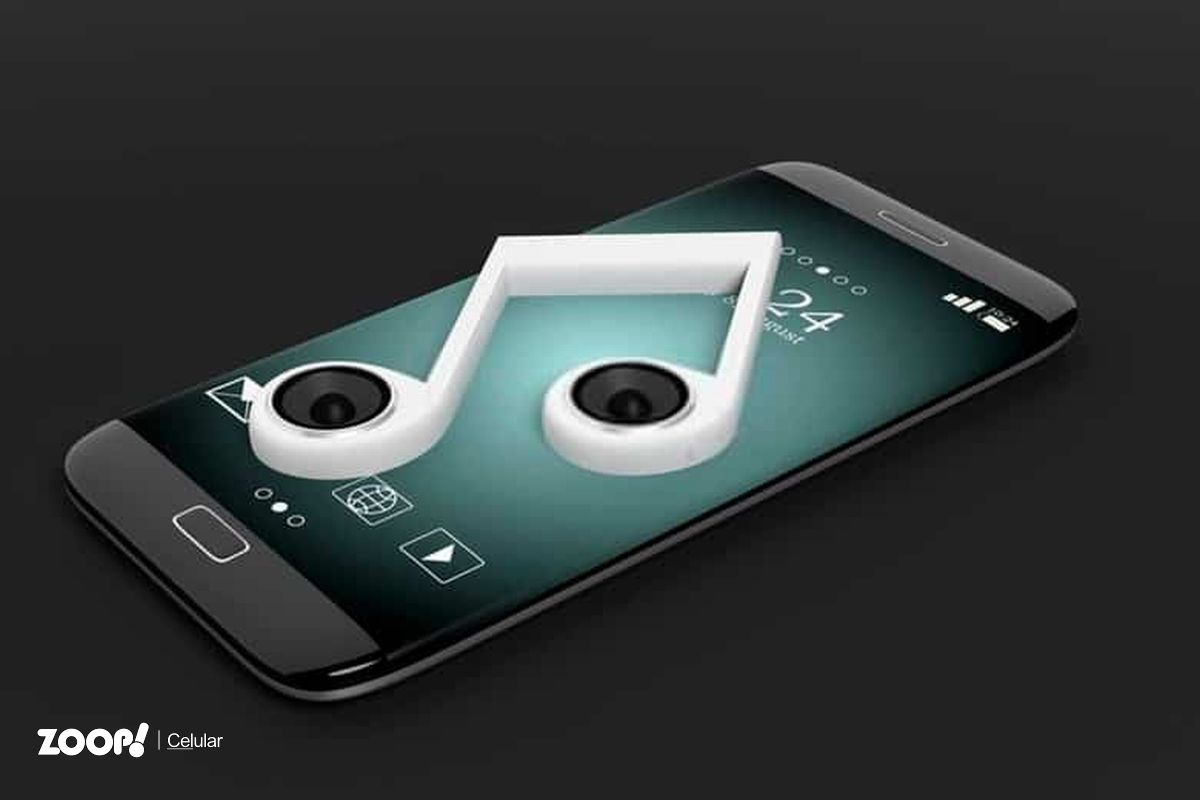 Uma nota musical sobre um desenho em 3D de um celular ilustra nosso artigo sobre: Como adicionar toques personalizados no Android.