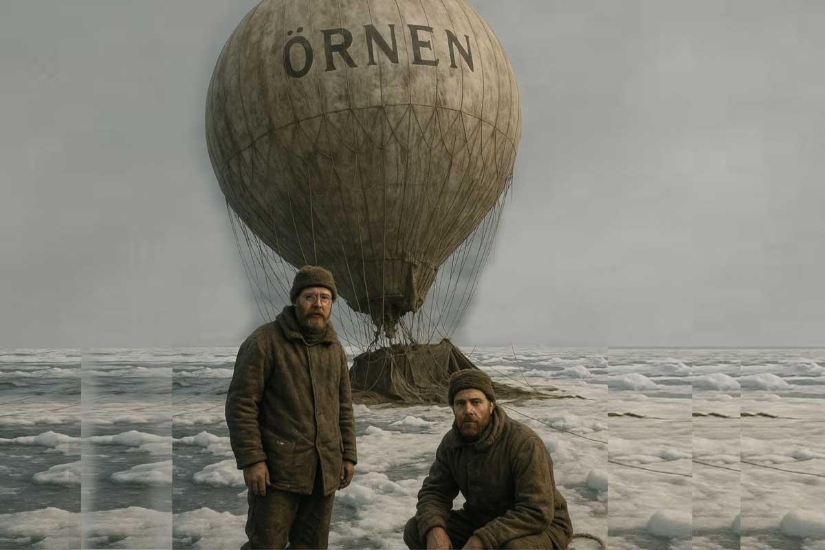 O balão e dois integrantes da tripulação da Expedição Andrée
