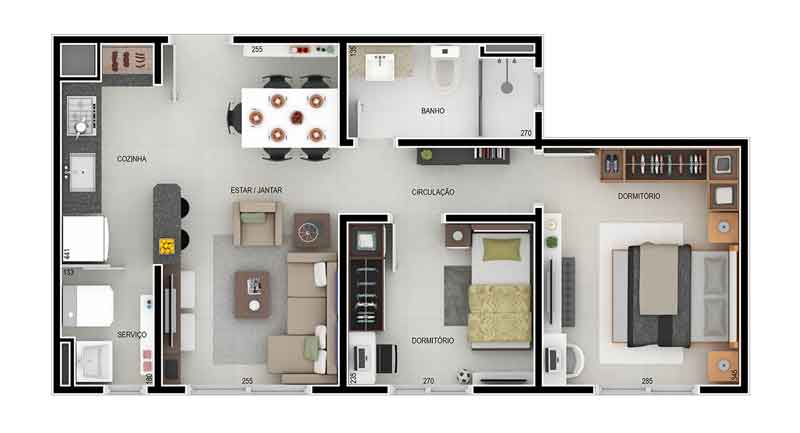 Planta baixa de apartamento com dos quartos - calcular m2 do apartamento
