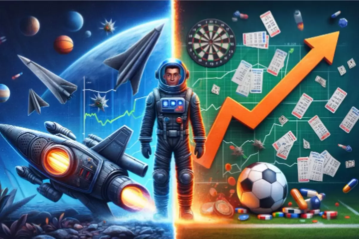 Ilustração mostrando um artronauta entre um foguete e uma mesa de apostas ilustra nosso artigo sobre: Entenda as semelhanças entre o Spaceman e as apostas esportivas. Ilustração mostrando um artronauta entre um foguete e uma mesa de apostas ilustra nosso artigo sobre: Entenda as semelhanças entre o Spaceman e as apostas esportivas.