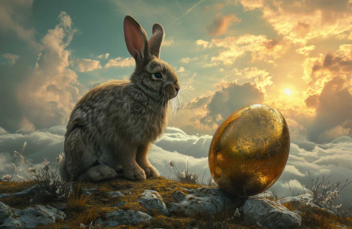 Um coelho ao lado de um ovo de ouro ilustra nosso artigo sobre: 'Arquétipo do Coelho'. Créditos da imagem: freepik.com
