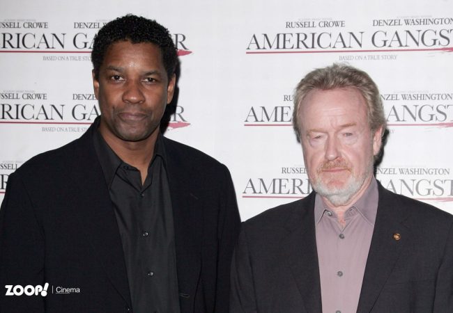 Denzel Washington e Ridley Scott em evento para promover o filme American Gangster.